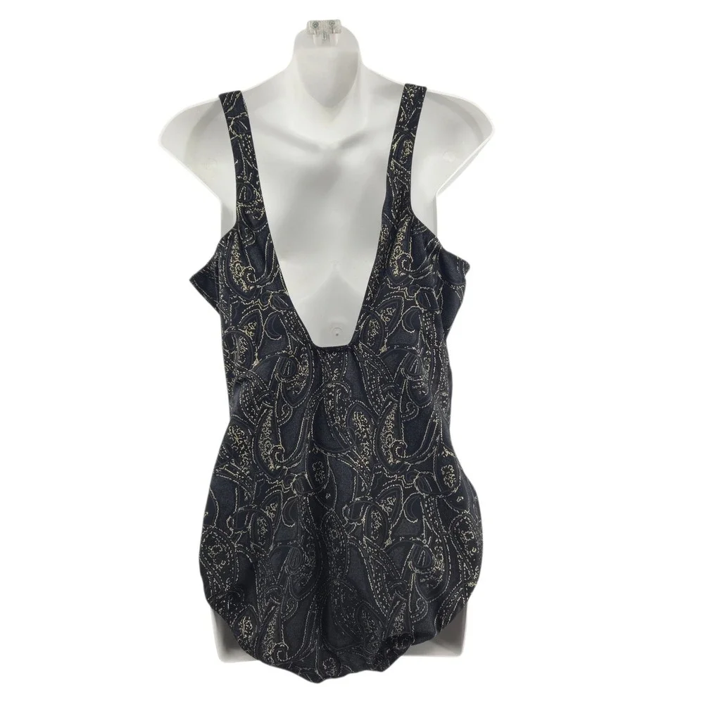 Miraclesuit One Piece Swimsuit Women 16 Black Gold Paisley Mesh Surplice Glam